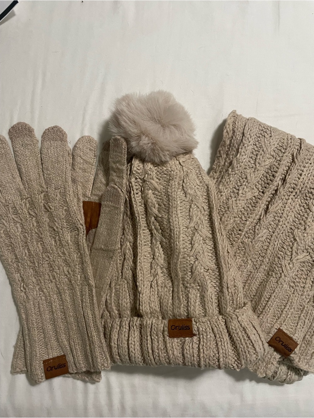 Women's Cable Knit Beanie, Scarf & Glove Set - Beige